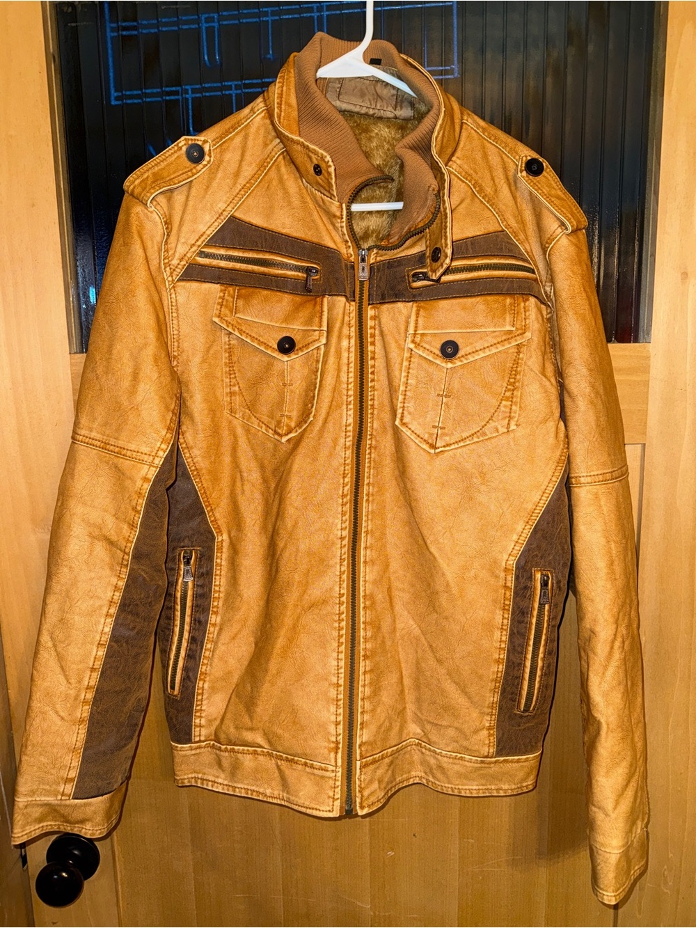 Mens Jacket Tan Brown Faux Leather Full Zip Jacket Hooded Size L /motorcycle